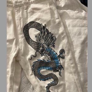 Adika Dragon Decal White Straight Leg Jeans